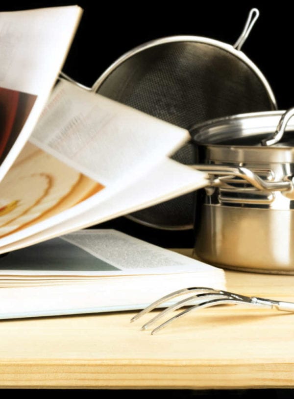 cookbook and pan